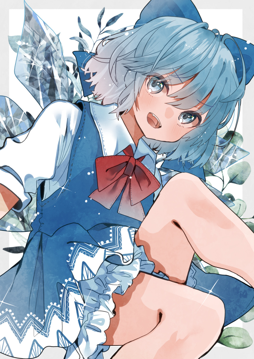 1girl :d bangs blue_bow blue_eyes blue_hair border bow bowtie cirno dress eyebrows_visible_through_hair feet_out_of_frame flat_chest floral_background grey_border hair_between_eyes hair_bow highres ice ice_wings looking_at_viewer open_mouth outside_border pinafore_dress puffy_short_sleeves puffy_sleeves red_bow red_neckwear short_hair short_sleeves simple_background sitting smile solo sparkle tamagogayu1998 touhou white_background wing_collar wings