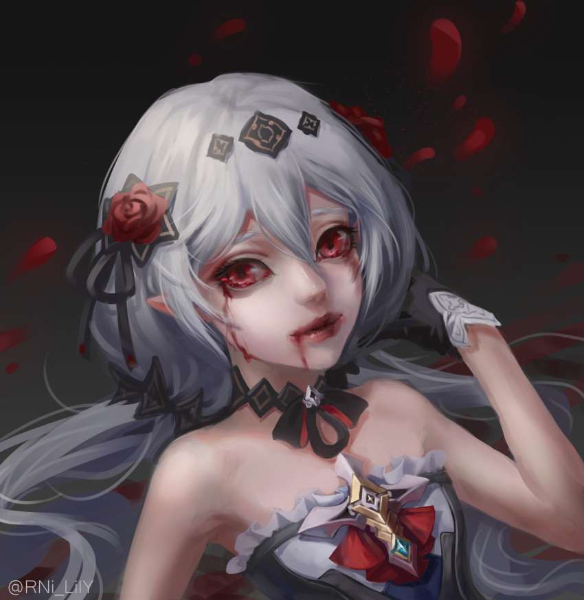 1girl absurdres anyuesama bangs bare_shoulders black_dress black_gloves blood blood_from_eyes blood_on_face choker closed_mouth dress flower gloves hair_between_eyes hair_flower hair_ornament highres honkai_(series) honkai_impact_3rd horror_(theme) lipstick long_hair looking_at_viewer makeup petals pointy_ears red_eyes red_flower red_rose rose solo theresa_apocalypse theresa_apocalypse_(luna_kindred) twintails vampire white_hair