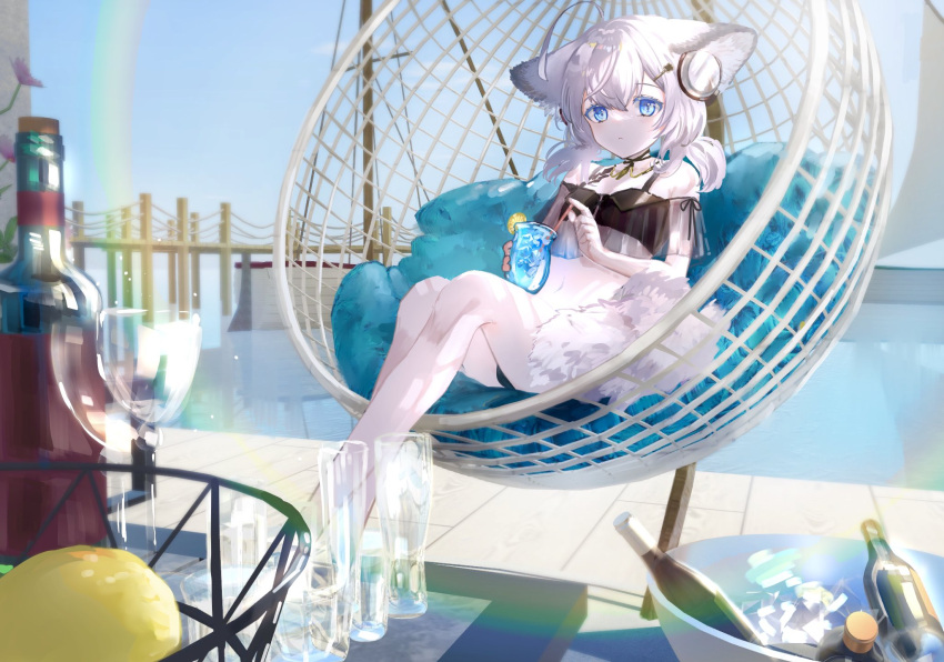 1girl ahoge animal_ears arknights bare_legs bikini black_bikini blue_eyes blue_sky boat bottle closed_mouth cocktail_glass commentary_request cup day dock drink drinking_glass expressionless food fox_ears fruit grey_hair hanging_chair headphones highres holding holding_drink ice_bucket lemon lens_flare light_particles looking_at_viewer medium_hair nanaponi navel ocean off-shoulder_bikini off_shoulder official_alternate_costume outdoors sailboat short_twintails sitting sky solo sussurro_(arknights) sussurro_(summer_flowers)_(arknights) swimsuit twintails watercraft wine_bottle wine_glass