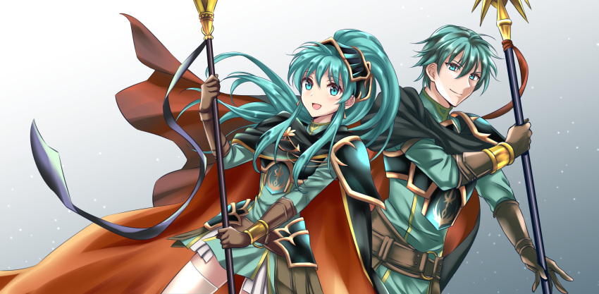 1boy 1girl absurdres armor bangs belt blue_armor blue_eyes blue_hair blue_skirt breastplate brother_and_sister brown_gloves cape closed_mouth cosplay earrings eirika_(fire_emblem) ephraim_(fire_emblem) ephraim_(fire_emblem)_(cosplay) fire_emblem fire_emblem:_the_sacred_stones fire_emblem_heroes gloves hair_between_eyes hair_ornament helm helmet highres jewelry kakiko210 looking_at_viewer open_mouth pauldrons polearm ponytail red_cape shoulder_armor siblings skirt smile spear thigh-highs twins weapon