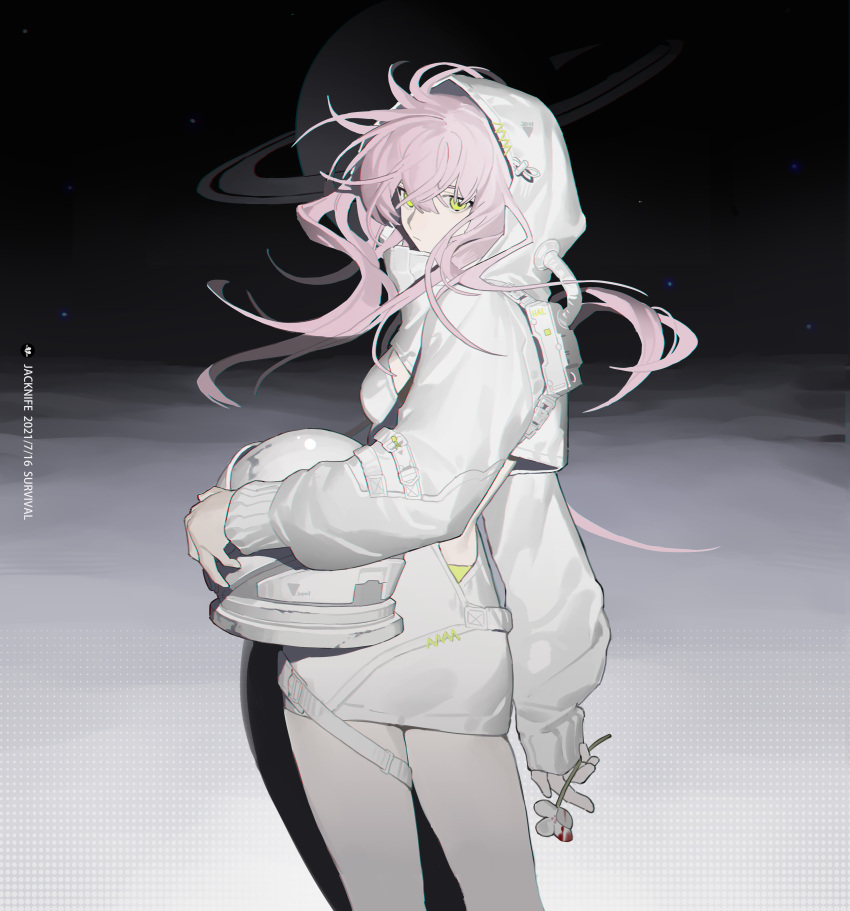 1girl absurdres artist_name astronaut blood blood_on_flower breasts character_request closed_mouth dark_background flower helmet highres holding holding_flower holding_helmet hood hood_up hoodie jacknife long_hair long_sleeves looking_at_viewer medium_breasts original pale_skin pink_hair planet saturn_(planet) serious signature simple_background solo standing yellow_eyes