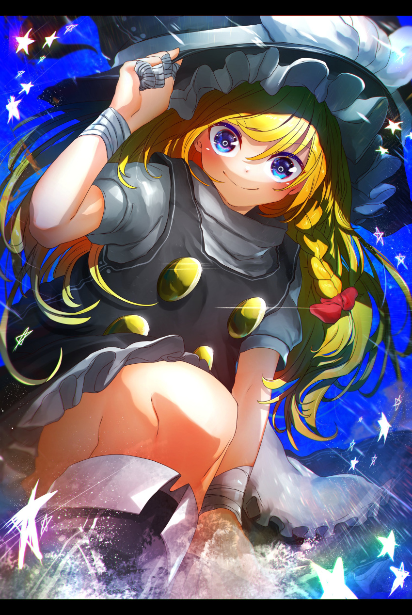 1girl absurdres bandaged_fingers bandaged_wrist bandages black_headwear black_vest blonde_hair blue_background blue_eyes bow braid buttons closed_mouth double-breasted glint grey_shirt hair_bow hat highres kirisame_marisa letterboxed looking_at_viewer niwarhythm puffy_short_sleeves puffy_sleeves red_bow shirt short_sleeves smile solo touhou vest wide-eyed witch_hat
