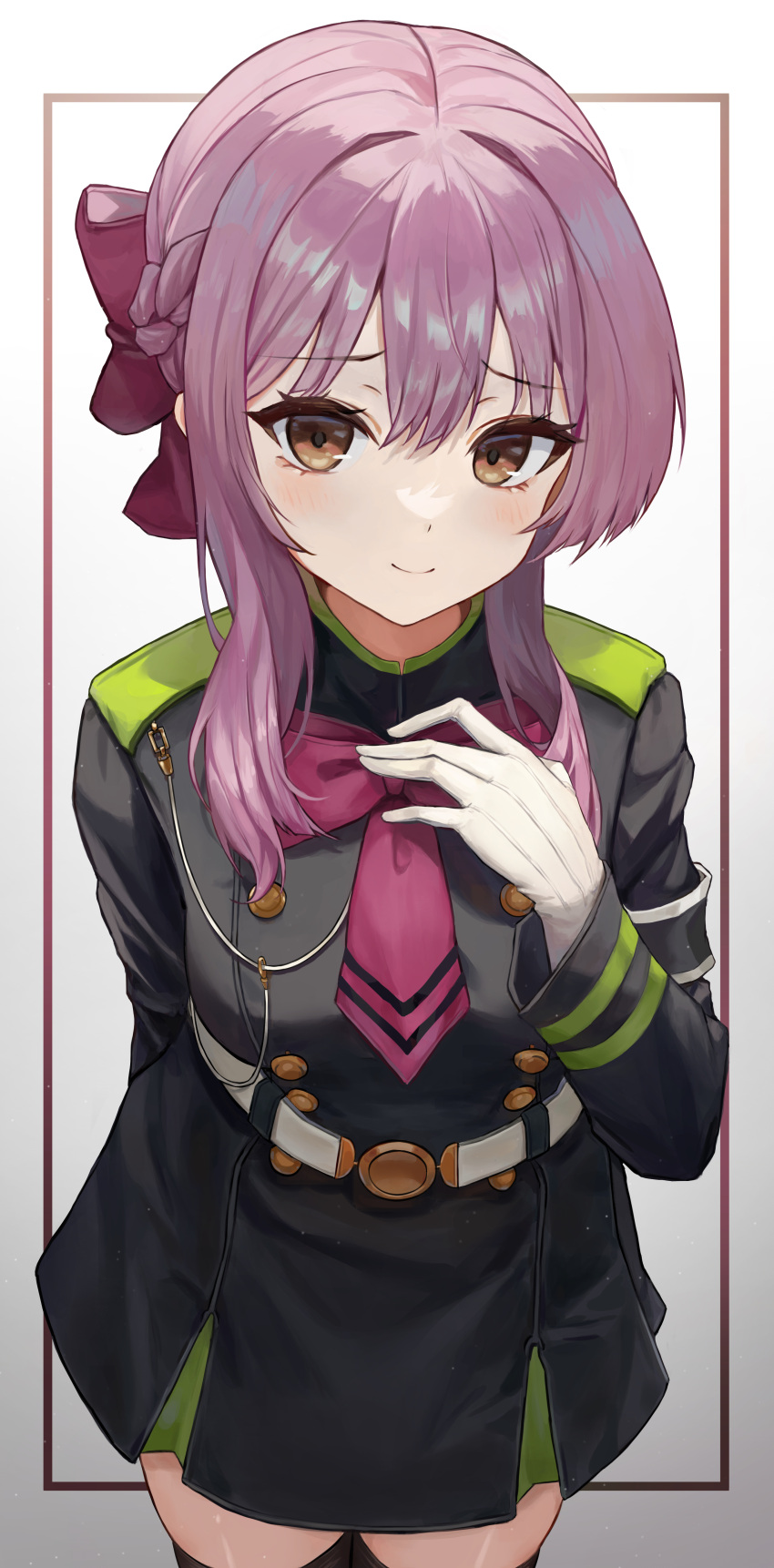 1girl absurdres bangs belt black_legwear blush bow bow_by_hair bowtie braid brown_eyes buttons closed_mouth collared_jacket eyebrows_visible_through_hair french_braid gloves hair_between_eyes hair_bow hair_ribbon hand_on_own_chest highres hiiragi_shinoa legs_together long_sleeves looking_at_viewer military military_uniform mrr_05 necktie owari_no_seraph purple_bow purple_hair purple_neckwear ribbon sidelocks smile solo standing thigh-highs uniform upper_body white_belt white_gloves zettai_ryouiki