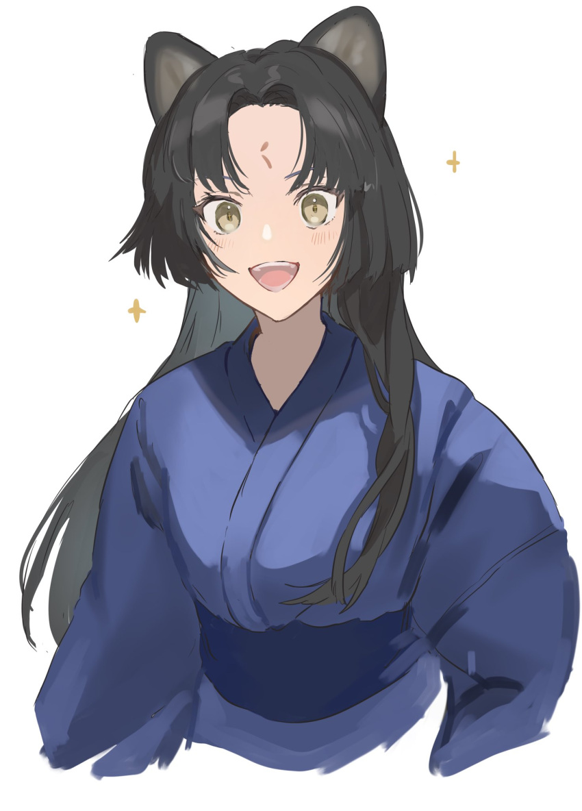 1girl animal_ears arknights black_hair blue_kimono brown_eyes commentary_request cropped_torso dog_ears facial_mark forehead_mark highres japanese_clothes kimono light_blush long_hair long_sleeves looking_at_viewer nanaponi obi open_mouth saga_(arknights) sash simple_background smile solo upper_body white_background