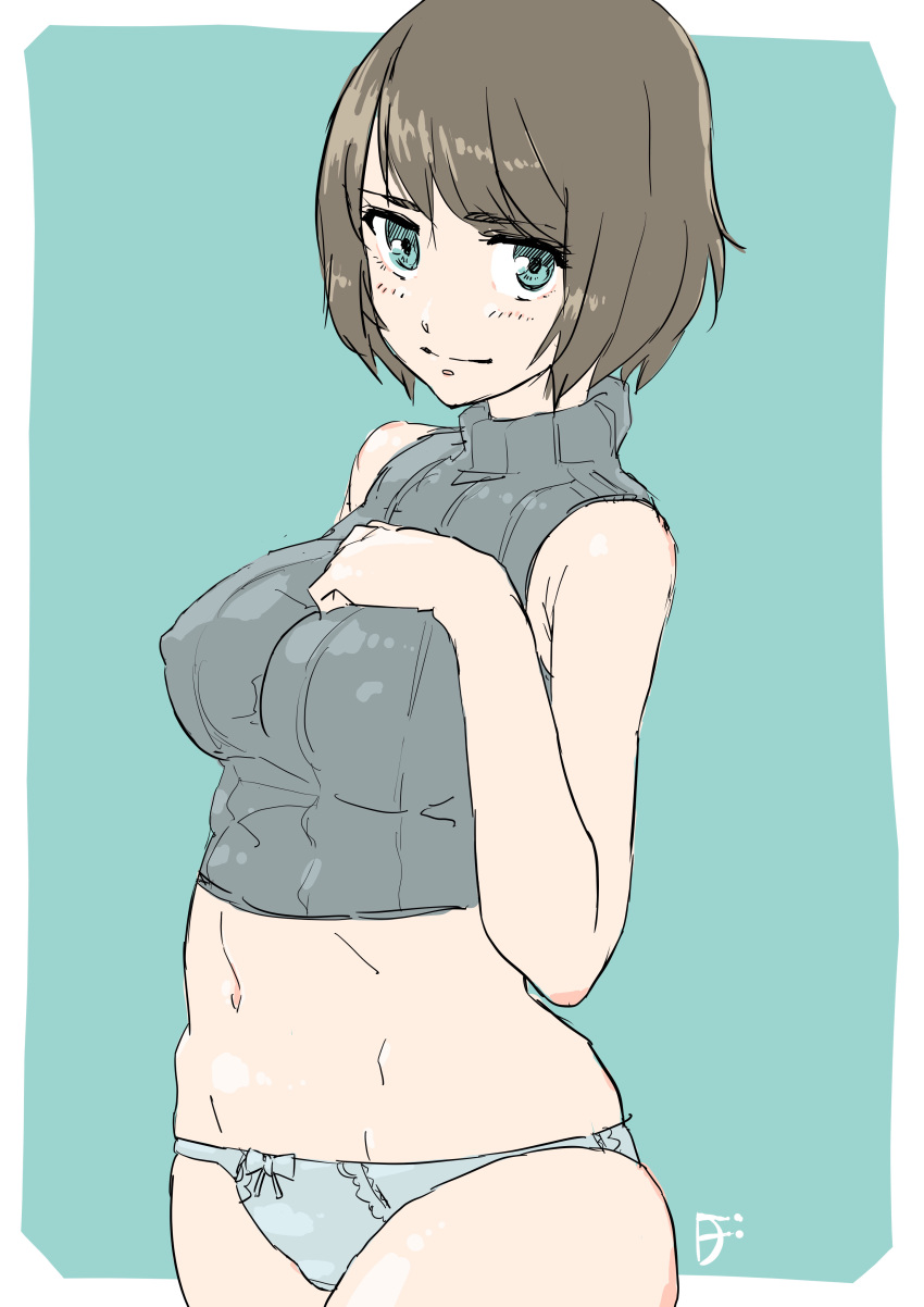 1girl absurdres aqua_background artist_logo ass bangs bare_shoulders blush bob_cut bow bow_panties breasts brown_hair commentary covered_nipples cowboy_shot din_(pixiv25800872) green_eyes grey_sweater groin hand_on_own_chest highres large_breasts light_smile looking_at_viewer midriff navel no_pants original outside_border panties ribbed_sweater short_hair sketch sleeveless sleeveless_sweater sleeveless_turtleneck solo sweater swept_bangs turtleneck turtleneck_sweater underwear white_panties