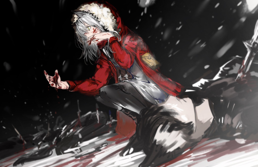 1girl 1other ambiguous_gender animal_ears arknights black_background black_hair black_legwear blood blood_on_face blood_on_ground blood_on_hands coat commentary corpse dutch_angle from_side full_body fur-trimmed_hood fur_trim grey_hair grey_shirt hands_up highres hood hood_up hooded_coat knife long_sleeves medium_hair nanaponi open_clothes open_coat planted planted_knife profile projekt_red_(arknights) red_coat shirt snowing solo_focus squatting wiping_face wolf_ears yellow_eyes