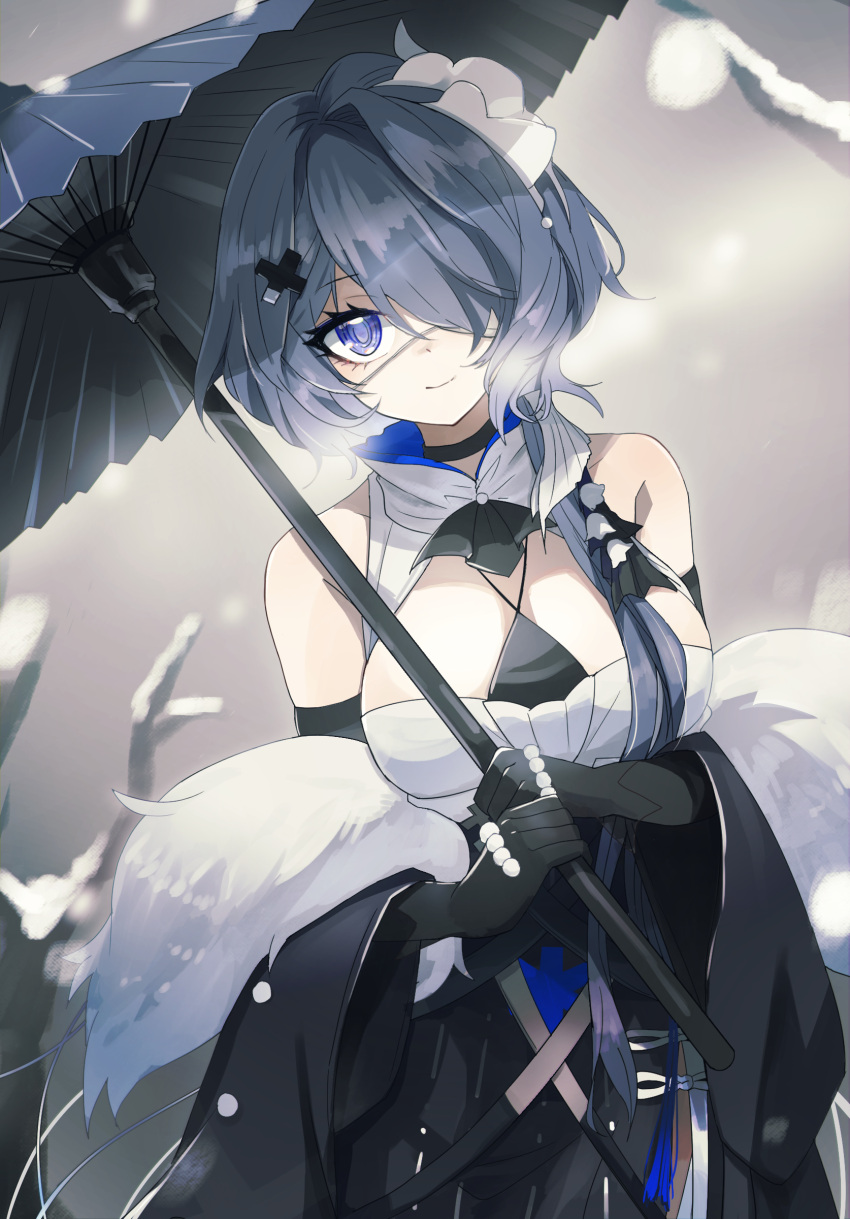 1girl absurdres arknights bare_shoulders black_dress black_gloves black_sleeves blue_hair branch breasts detached_sleeves dress eyebrows_visible_through_hair eyepatch gloves hair_ornament hair_over_eyes highres holding holding_umbrella medical_eyepatch medium_breasts short_hair silver_hair smile snow solo u-ka_(pixiv5407) umbrella whisperain_(arknights) x_hair_ornament