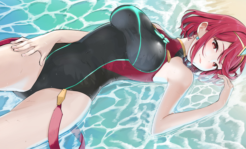 1girl absurdres bangs black_swimsuit breasts chest_jewel competition_swimsuit highres large_breasts mameroku one-piece_swimsuit pyra_(pro_swimmer)_(xenoblade) pyra_(xenoblade) red_eyes red_swimsuit redhead short_hair solo swept_bangs swimsuit two-tone_swimsuit xenoblade_chronicles_(series) xenoblade_chronicles_2