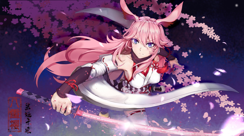 1girl absurdres bangs bare_shoulders cherry_blossoms closed_mouth hair_between_eyes highres holding holding_sword holding_weapon honkai_(series) honkai_impact_3rd japanese_clothes katana long_hair looking_at_viewer miko miya_qianhui petals pink_hair sheath sheathed solo sword thigh-highs tree v-shaped_eyebrows violet_eyes weapon white_legwear yae_sakura yae_sakura_(gyakushinn_miko)