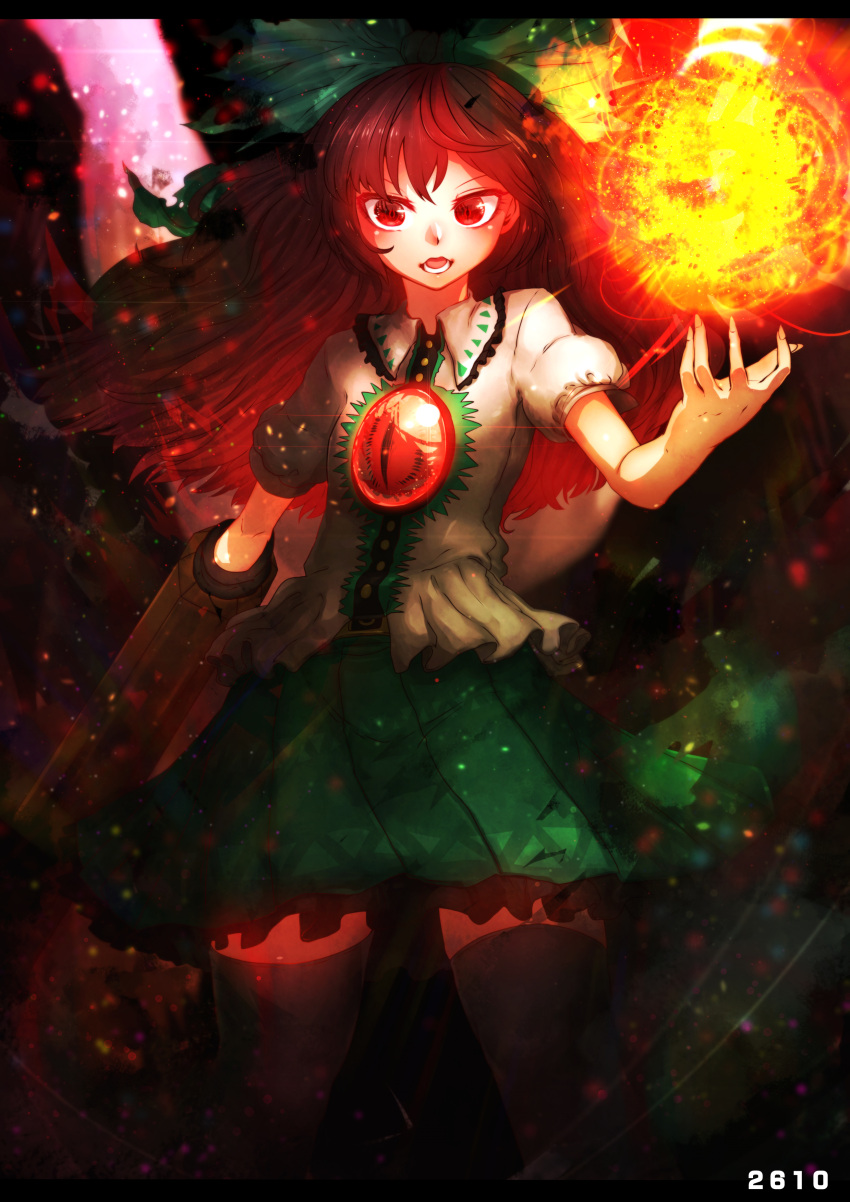 1girl absurdres arm_cannon bangs black_legwear bow brown_hair fire green_bow green_skirt hair_bow hand_up highres light_particles long_hair looking_at_viewer miniskirt niwarhythm open_mouth puffy_short_sleeves puffy_sleeves red_eyes reiuji_utsuho shirt short_sleeves skirt solo standing thigh-highs third_eye touhou weapon white_shirt zettai_ryouiki