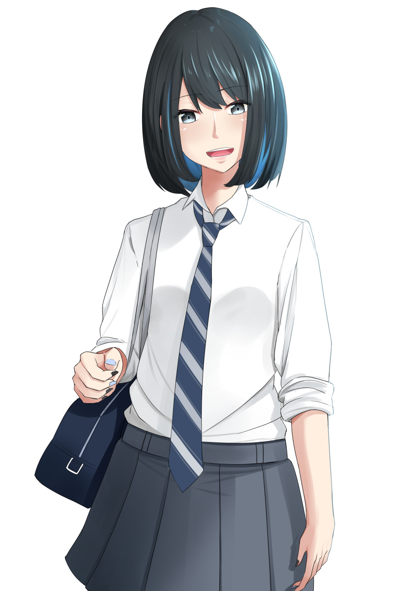 1girl :d absurdres arm_at_side bag bangs black_hair blue_eyes blue_hair blue_neckwear bob_cut breasts clip_studio_paint_(medium) commentary cowboy_shot diagonal_stripes dress_shirt grey_skirt highres holding holding_bag long_sleeves looking_at_viewer multicolored_hair nail_polish necktie open_mouth original pleated_skirt pomme3650 school_bag school_uniform shirt short_hair simple_background skirt sleeves_rolled_up small_breasts smile solo streaked_hair striped striped_neckwear two-tone_hair upper_teeth white_background white_neckwear white_shirt