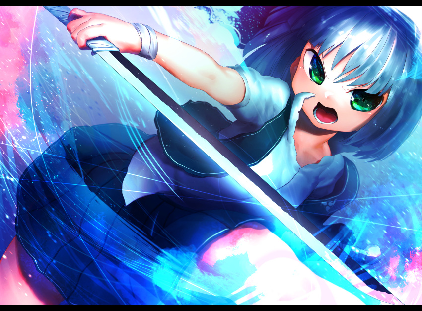 1girl absurdres bandaged_wrist blue_hair blue_skirt cowboy_shot dutch_angle frown green_vest highres holding holding_sword holding_weapon huge_filesize katana konpaku_youmu letterboxed looking_at_viewer niwarhythm open_clothes open_mouth open_vest pleated_skirt shirt skirt solo standing sword touhou vest weapon white_shirt