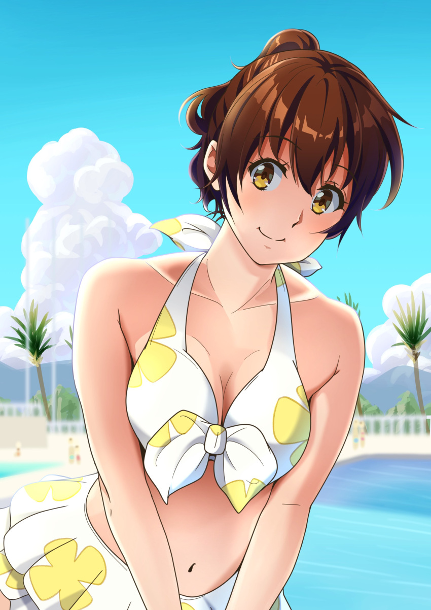 1girl absurdres bare_arms bare_shoulders bikini breasts brown_hair closed_mouth floral_print frilled_skirt frills hibike!_euphonium highres looking_at_viewer matebashi medium_breasts navel oumae_kumiko ponytail short_hair short_ponytail skirt smile solo swimsuit white_bikini yellow_eyes