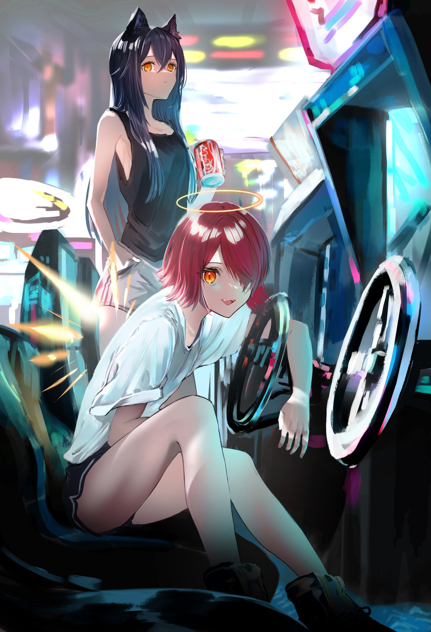 2girls absurdres animal_ears arcade arknights bare_arms bare_legs black_shorts black_tank_top blurry blurry_background boots can commentary_request drink energy_wings exusiai_(arknights) grey_shorts halo hand_in_pocket highres holding holding_drink huge_filesize indoors multiple_girls nanaponi open_mouth orange_eyes redhead shirt short_hair short_sleeves shorts sitting slit_pupils smile standing t-shirt tank_top texas_(arknights) white_shirt wolf_ears