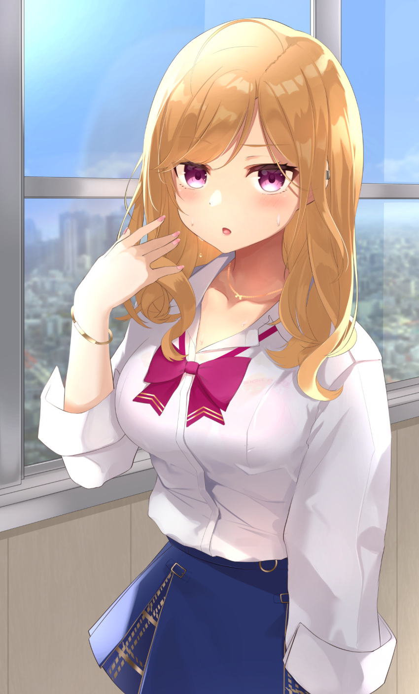 1girl blonde_hair blue_skirt bow bra bra_through_clothes breasts collarbone collared_shirt commentary_request date_(mamanonamaebot) day dress_shirt hand_up highres indoors jewelry long_hair medium_breasts nail_polish necklace nijisanji pink_nails purple_bow red_bra see-through shirt skirt solo sweat takamiya_rion underwear virtual_youtuber wet wet_clothes wet_shirt white_shirt window