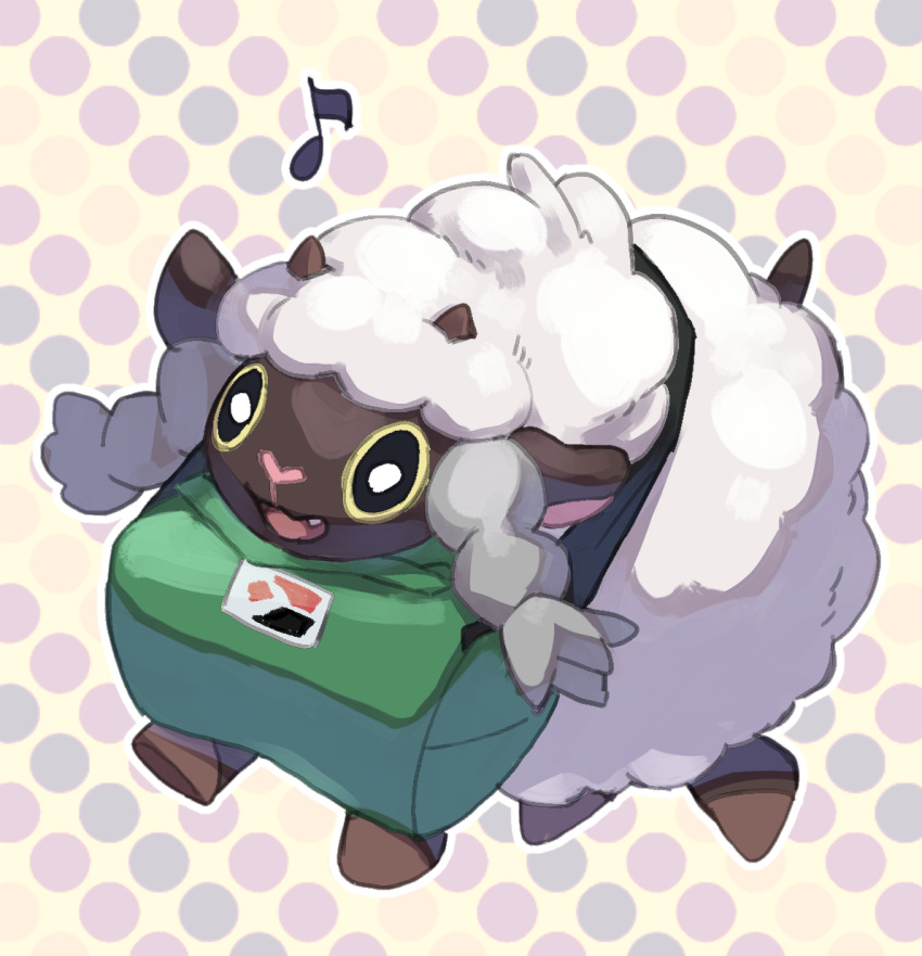 bag black_eyes commentary_request duffel_bag fang full_body gen_8_pokemon green_bag highres komame_(st_beans) musical_note no_humans open_mouth outline pokemon pokemon_(creature) smile solo tongue wooloo