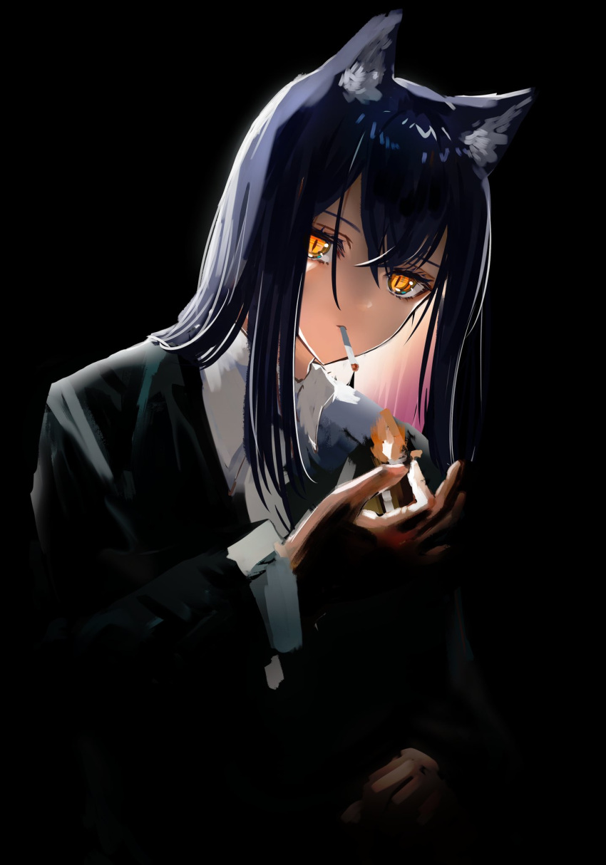 1girl animal_ears arknights bangs black_background black_hair black_jacket cigarette formal highres holding_lighter jacket long_hair long_sleeves nanaponi orange_eyes shirt simple_background slit_pupils smoking solo suit suit_jacket symbol-only_commentary texas_(arknights) upper_body white_shirt wolf_ears