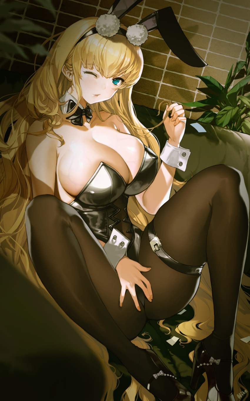 1girl absurdres animal_ears azur_lane bare_shoulders blonde_hair bow bowtie breasts commentary_request couch detached_collar eyebrows_visible_through_hair fake_animal_ears hair_between_eyes hairband high_heels highres indoors large_breasts leotard long_hair looking_at_viewer nike_(nike1060) north_carolina_(azur_lane) one_eye_closed pantyhose playboy_bunny rabbit_ears sitting solo strapless strapless_leotard thigh_strap very_long_hair wrist_cuffs