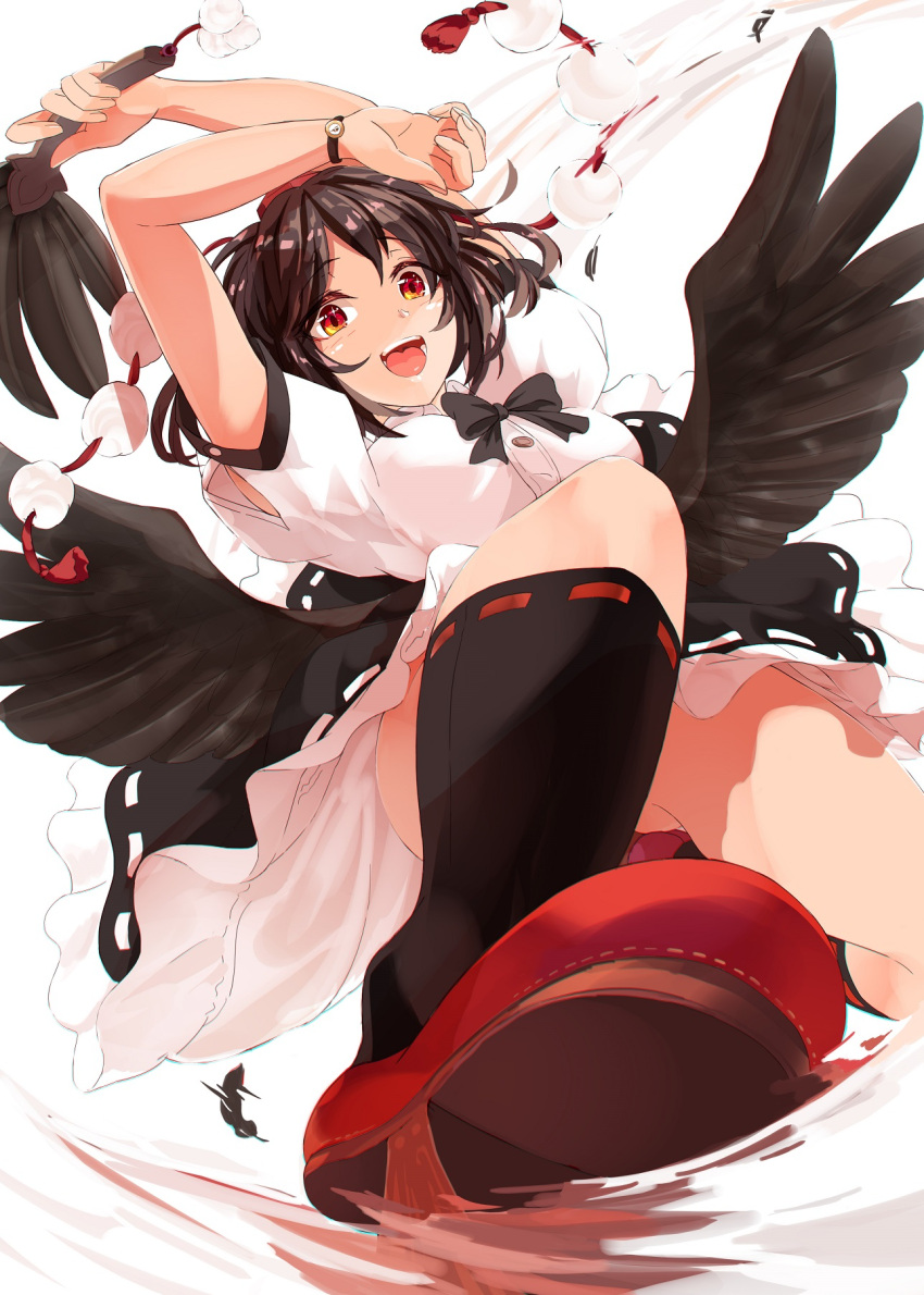 1girl arms_up bangs black_bow black_hair black_skirt bow breasts buttons clock collar eyebrows_visible_through_hair eyes_visible_through_hair feathers hair_between_eyes hand_fan hands_up hat highres kagami_toufu looking_at_viewer medium_breasts open_mouth pom_pom_(clothes) puffy_short_sleeves puffy_sleeves red_eyes red_footwear red_headwear shameimaru_aya shirt shoes short_hair short_sleeves simple_background skirt smile socks solo teeth tokin_hat tongue touhou white_background white_legwear white_shirt wings