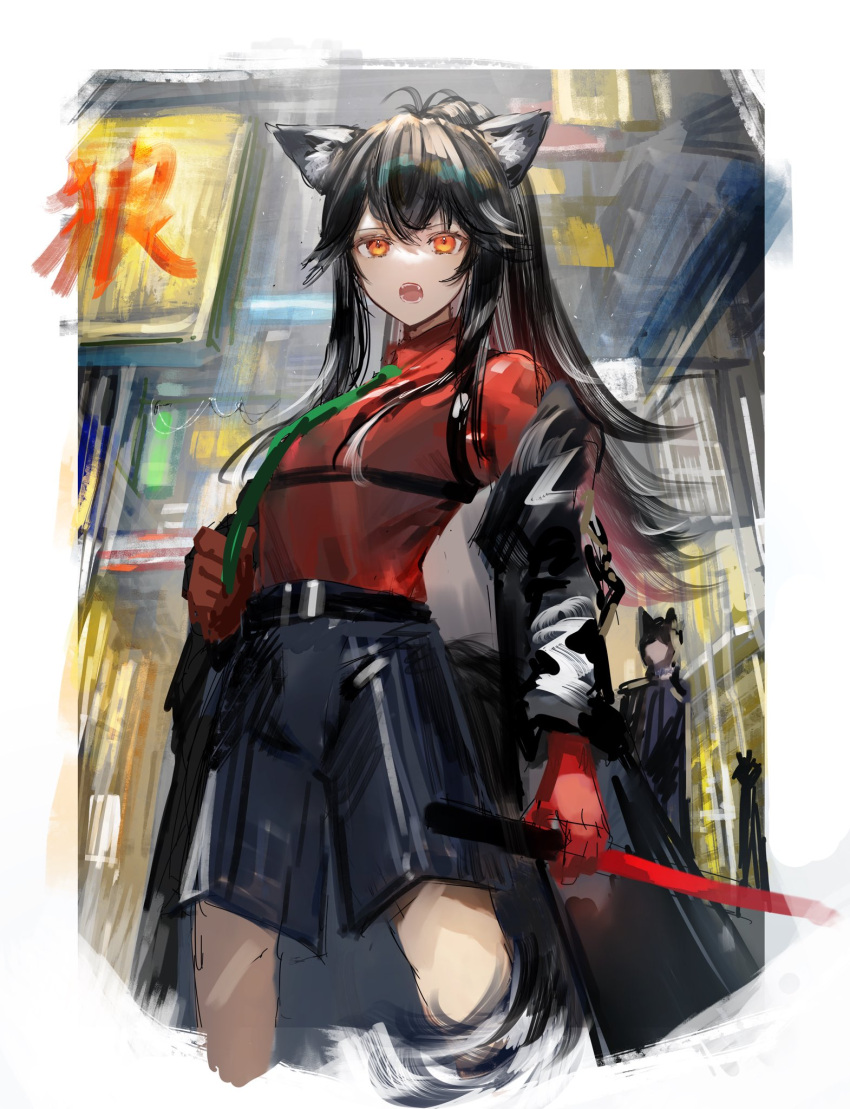 1girl 1other ambiguous_gender animal_ears arknights belt black_coat black_hair black_shorts border chest_harness city coat collared_shirt fangs gloves green_neckwear harness highres holding holding_sword holding_weapon long_hair looking_at_viewer nanaponi necktie off_shoulder official_alternate_costume open_clothes open_coat open_mouth orange_eyes outdoors red_gloves red_shirt shirt shorts solo_focus sword symbol-only_commentary texas_(arknights) texas_(willpower)_(arknights) weapon white_border wolf_ears