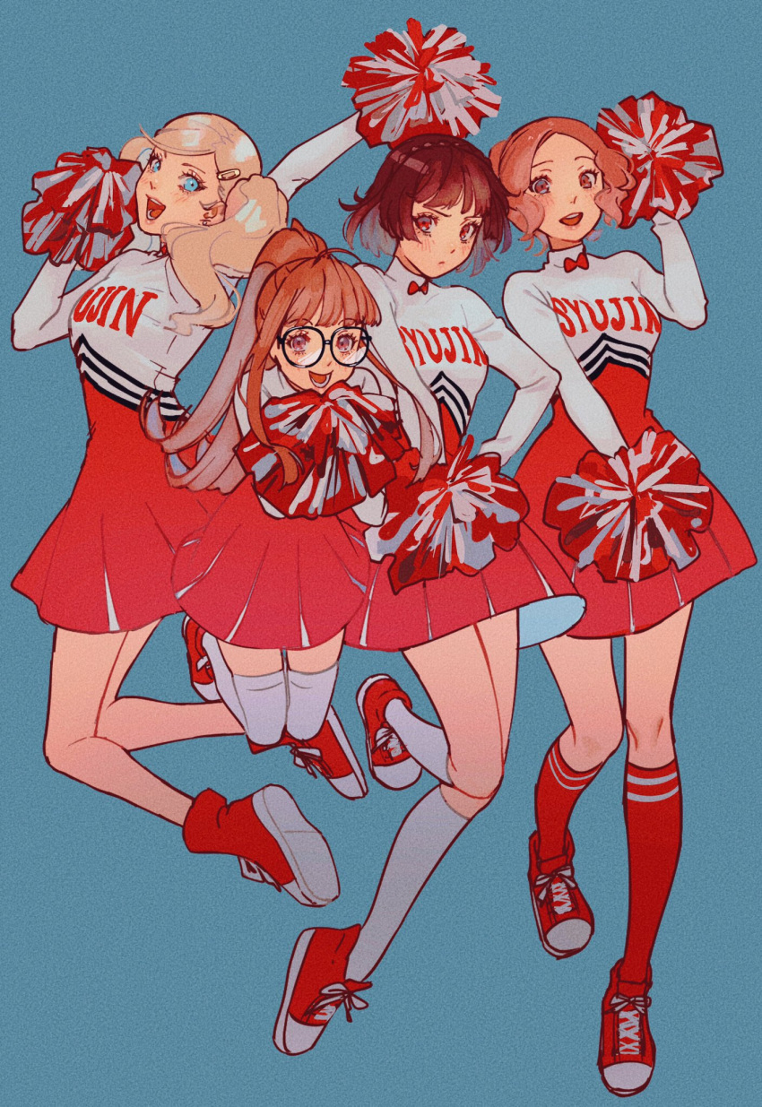 4girls alternate_costume alternate_hairstyle bangs blonde_hair cheerleader glasses highres kneehighs multiple_girls niijima_makoto okumura_haru persona persona_5 pom_pom_(cheerleading) ponytail sageo_yn sakura_futaba takamaki_anne twintails