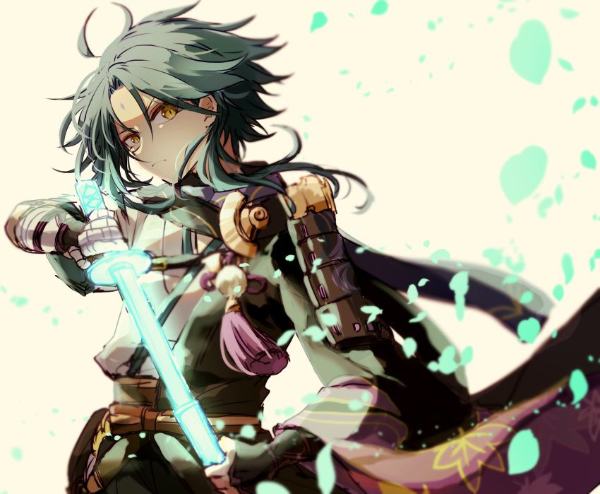 1boy absurdres ahoge armor bandaged_hands bandages bangs black_gloves closed_mouth cosplay drawing_sword facial_mark fingerless_gloves forehead_mark genshin_impact gloves glowing glowing_weapon green_hair highres holding holding_sword holding_weapon japanese_armor japanese_clothes kaedehara_kazuha kaedehara_kazuha_(cosplay) leaf leaf_print male_focus ryu_genshin77 simple_background solo sword tassel upper_body weapon xiao_(genshin_impact) yellow_background yellow_eyes