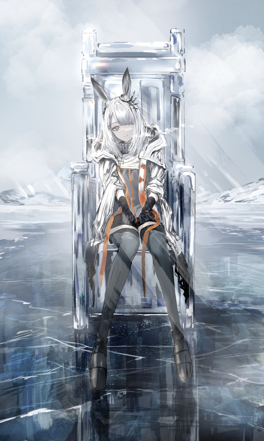 1girl absurdres animal_ear_fluff animal_ears arknights black_footwear black_gloves black_legwear breath closed_mouth clouds cloudy_sky coat commentary_request day frostnova_(arknights) frozen_lake full_body gloves grey_coat grey_eyes hair_over_one_eye head_tilt highres light_rays long_hair long_sleeves looking_at_viewer nanaponi open_clothes open_coat outdoors rabbit_ears reflection scar scar_on_face scar_on_nose silver_hair sitting sky smile solo sunbeam sunlight thigh-highs throne wide_sleeves winter