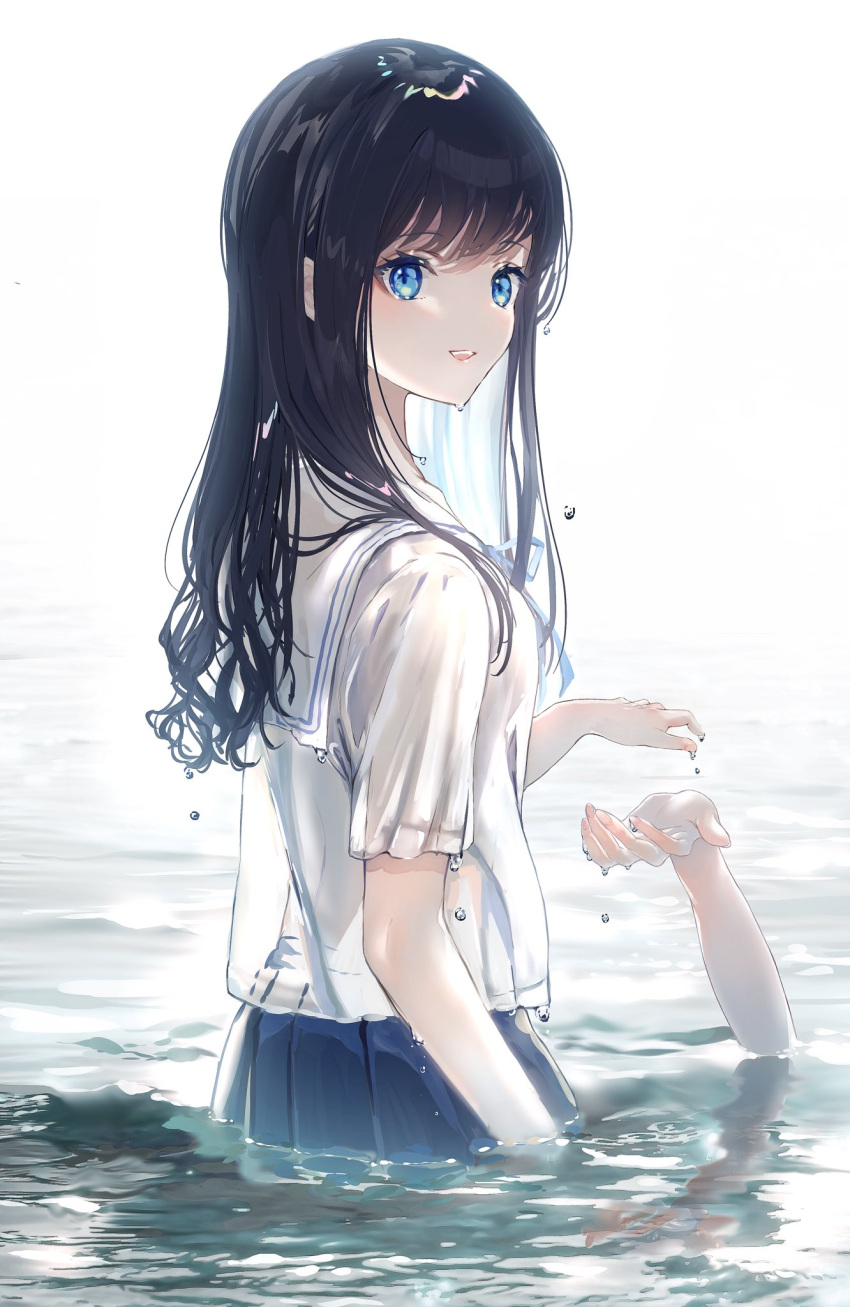 2girls bangs black_hair blue_eyes blue_neckwear blue_skirt commentary_request dripping highres long_hair looking_to_the_side multiple_girls nanaponi neck_ribbon original parted_lips ribbon sailor_collar school_uniform serafuku shirt skirt smile wading water wet wet_clothes wet_shirt white_sailor_collar white_shirt