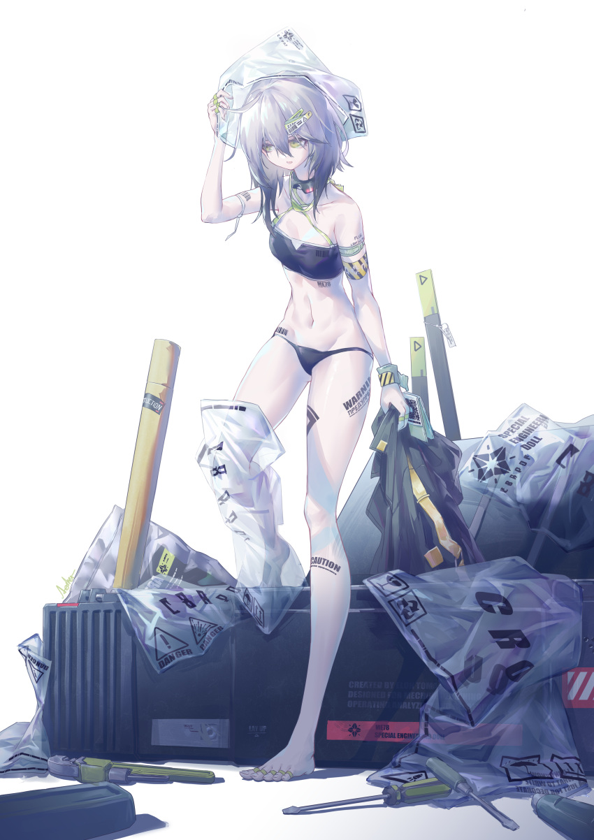 1girl absurdres ahoge bag bag_on_head barcode barcode_tattoo bare_shoulders barefoot black_panties box commentary_request croque_(girls_frontline_nc) fagun_yibei girls_frontline girls_frontline_neural_cloud gradient_hair green_eyes grey_hair hair_between_eyes hair_ornament hairclip highres holding holding_clothes holding_jacket jacket medium_hair multicolored_hair navel open_mouth panties plastic_bag screwdriver solo tattoo tools underwear white_background wrench