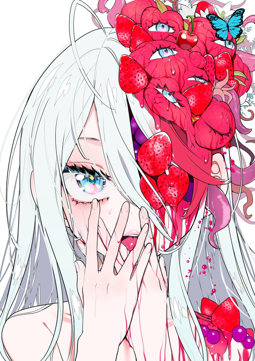 1girl ambiguous_red_liquid blue_butterfly blue_eyes bug butterfly cherry_blossoms collarbone dripping extra_eyes fingernails flesh flower food fruit hair_between_eyes hair_over_one_eye hands_on_own_face hands_together highres insect intestine_hair licking licking_finger long_hair looking_at_viewer monster_girl one_eye_covered original portrait solo straight_hair strawberry teeth tentacles tongue tongue_out watariganikun white_background white_hair