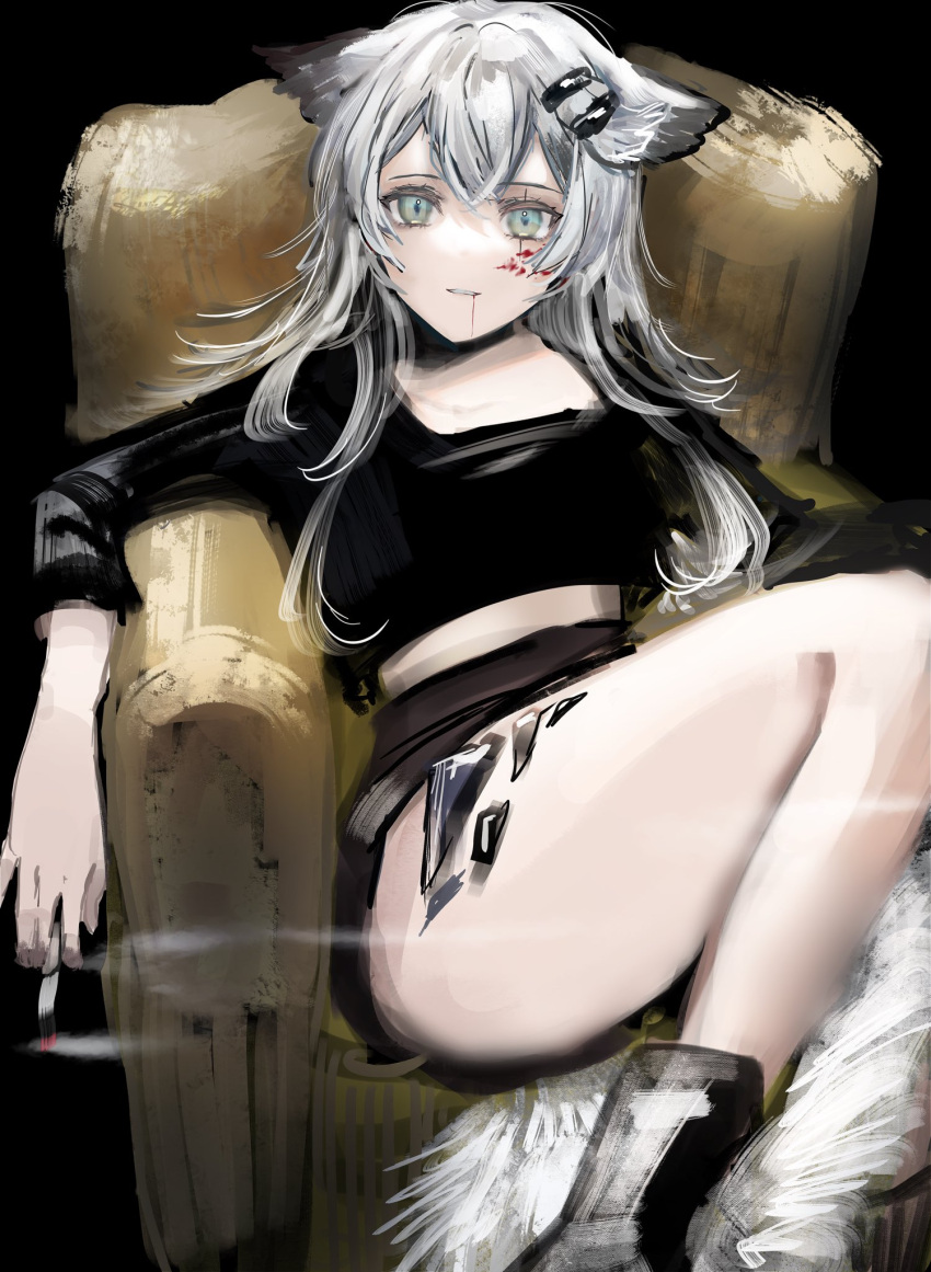 1girl animal_ears arknights bare_legs black_background black_footwear black_shirt blood blood_from_mouth blood_on_face boots cigarette commentary crop_top green_eyes hair_ornament hairclip highres lappland_(arknights) legs long_hair looking_at_viewer nanaponi on_chair oripathy_lesion_(arknights) parted_lips shirt silver_hair simple_background sitting smoke smoking solo tail wolf_ears wolf_girl wolf_tail