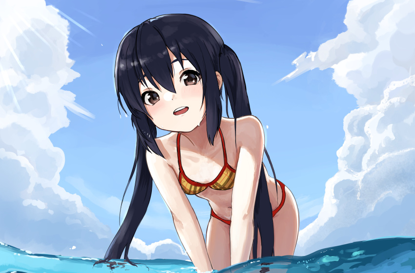 1girl absurdres bangs bare_shoulders bent_over bikini black_hair blue_sky breasts brown_eyes clouds commentary day hair_between_eyes highres k-on! kibitarou leaning_forward long_hair looking_at_viewer nakano_azusa navel ocean open_mouth outdoors partially_submerged plaid plaid_bikini red_bikini round_teeth sidelocks sky small_breasts smile solo swimsuit teeth twintails two-tone_bikini upper_teeth v_arms very_long_hair wading water_drop wet yellow_bikini