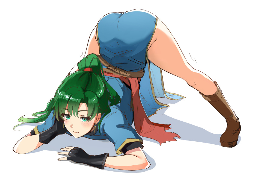 1girl absurdres ass bangs black_gloves blush dress earrings fingerless_gloves fire_emblem fire_emblem:_the_blazing_blade gloves green_eyes green_hair guilty_gear high_ponytail highres jack-o'_challenge jack-o'_valentine jewelry legs long_hair looking_at_viewer lyn_(fire_emblem) meme open_mouth ormille ponytail simple_background smile solo spread_legs top-down_bottom-up twitter