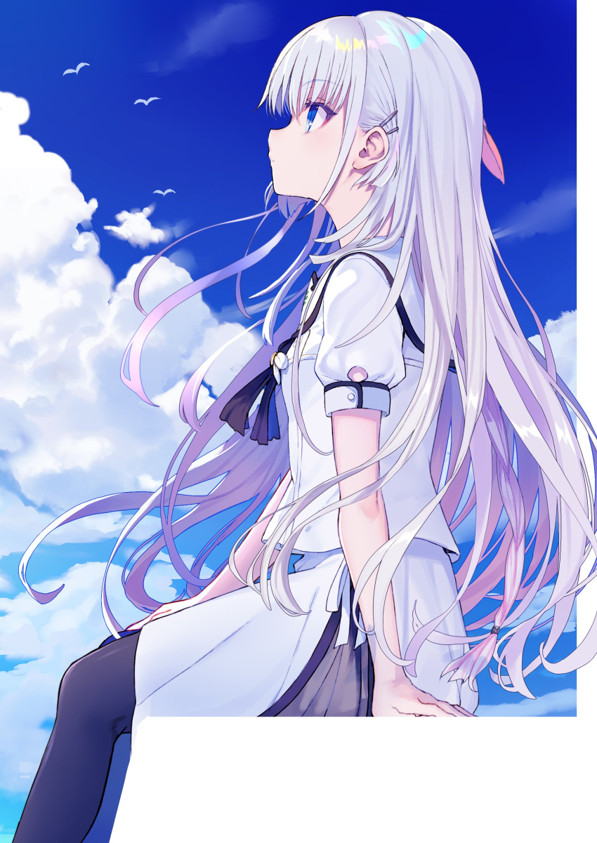 1girl absurdres arm_support black_legwear blue_eyes blue_sky bow closed_mouth clouds collared_shirt day eyebrows_visible_through_hair from_side hair_between_eyes hair_bow hair_ornament hairclip hand_on_lap highres long_hair miniskirt naruse_shiroha outdoors pantyhose pink_bow profile sailor_collar sailor_shirt shiny shiny_hair shirabi shirt silver_hair sitting skirt sky solo summer_pockets very_long_hair white_sailor_collar white_shirt white_skirt