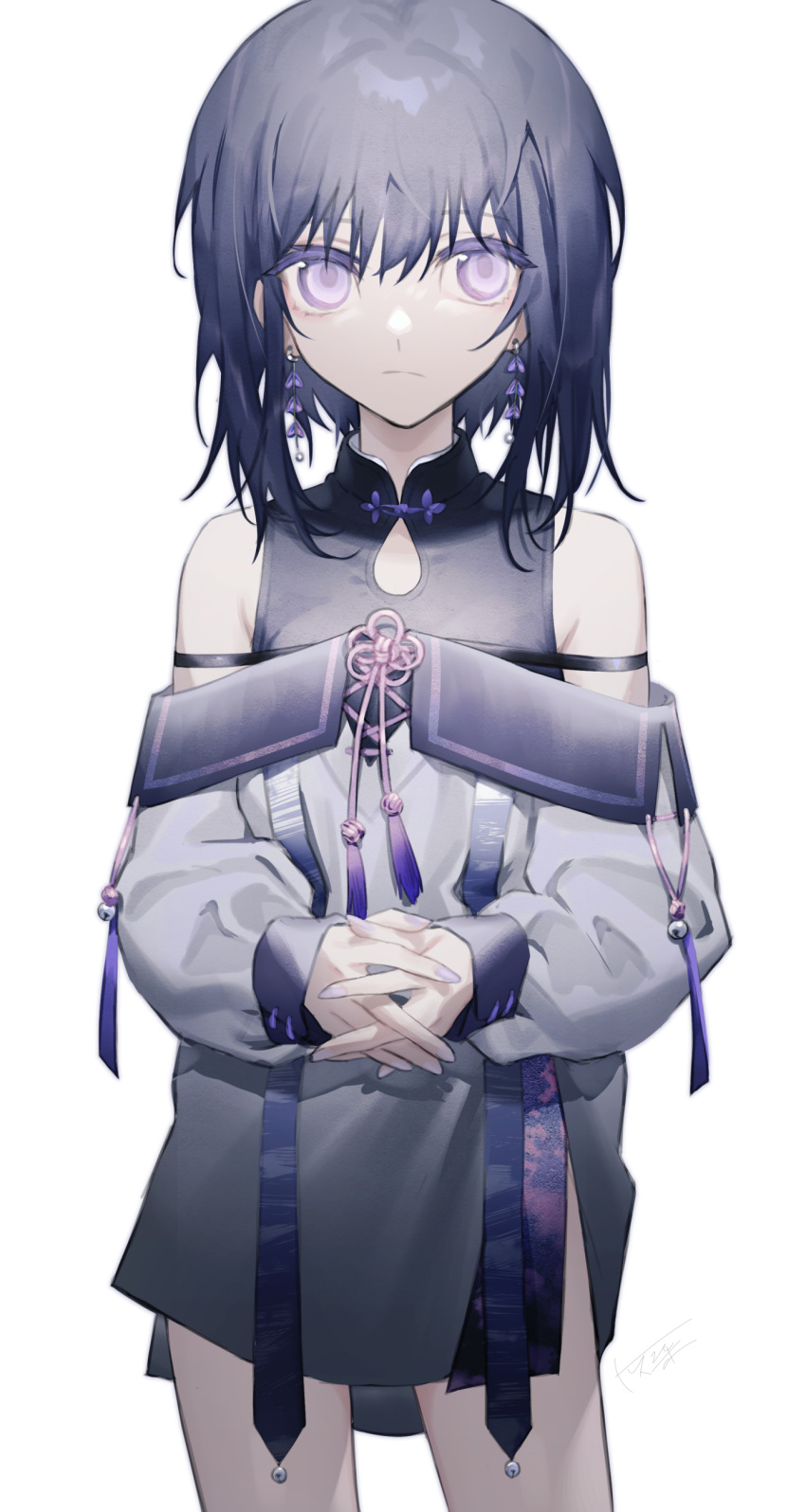 1girl absurdres black_hair commentary earrings haizome_senri hands_together highres jewelry medium_hair nail_polish off_shoulder original sleeveless solo violet_eyes white_background