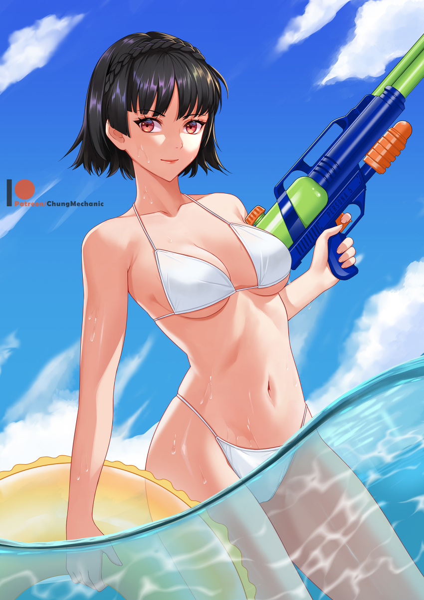 1girl bangs bikini black_hair blue_sky braid breasts chungmechanic closed_mouth clouds collarbone day highleg highleg_bikini highres holding holding_innertube holding_water_gun innertube looking_at_viewer medium_breasts navel niijima_makoto partially_submerged patreon_username persona persona_5 red_eyes short_hair sky solo swimsuit water water_gun wet white_bikini