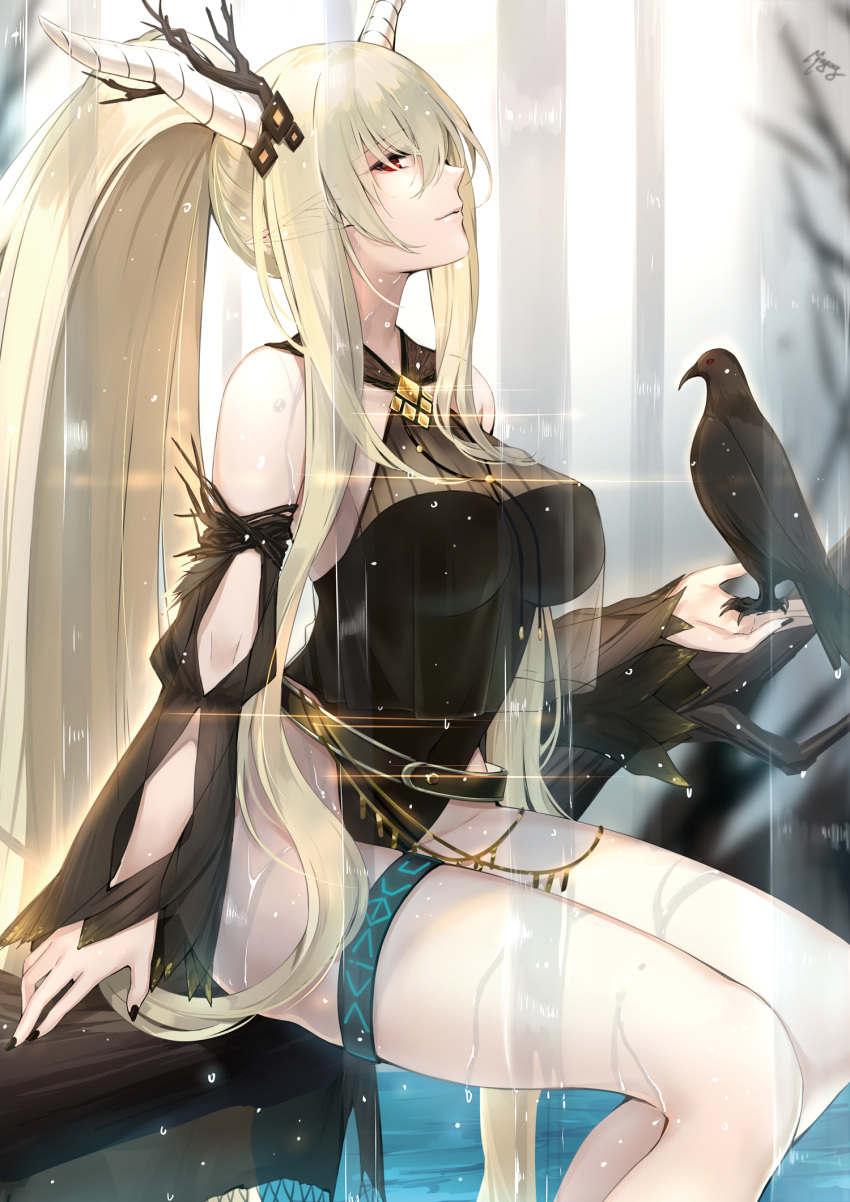 1girl arknights bangs bare_shoulders bird bird_on_hand black_nails black_swimsuit blonde_hair branch breasts casual_one-piece_swimsuit closed_mouth detached_sleeves ears_visible_through_hair feet_out_of_frame hair_between_eyes hair_ornament high_ponytail highres horns infection_monitor_(arknights) large_breasts long_hair long_sleeves looking_at_viewer looking_to_the_side maya_g nail_polish one-piece_swimsuit pointy_ears raven_(animal) red_eyes shining_(arknights) shining_(silent_night)_(arknights) sideways_glance sitting smile solo swimsuit thigh_strap thighs very_long_hair water