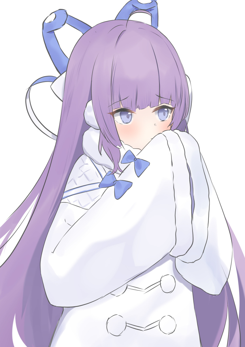1girl absurdres azur_lane bangs blue_bow blue_eyes blush bow closed_mouth coat eyebrows_visible_through_hair fur-trimmed_sleeves fur_trim hands_up highres long_hair long_sleeves looking_away own_hands_together purple_hair roido_(taniko-t-1218) simple_background solo tashkent_(azur_lane) upper_body very_long_hair white_background white_coat wide_sleeves