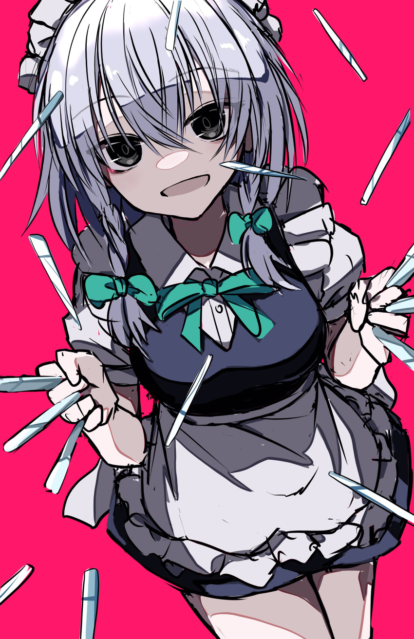 1girl absurdres apron bangs blue_dress bow bowtie braid breasts collar dress eyebrows_visible_through_hair eyes_visible_through_hair green_bow green_neckwear grey_eyes hair_between_eyes hair_bow hands_up highres izayoi_sakuya knife looking_at_viewer maid maid_headdress medium_breasts open_mouth pink_background puffy_short_sleeves puffy_sleeves short_hair short_sleeves silver_hair simple_background smile solo standing touhou twin_braids weapon white_apron yonoisan