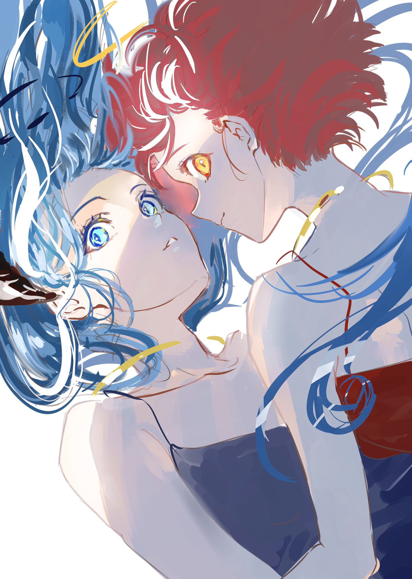 2girls arknights bare_arms blue_camisole blue_eyes blue_hair camisole closed_mouth commentary dark_halo exusiai_(arknights) floating_hair halo highres jewelry long_hair looking_at_viewer looking_back mostima_(arknights) multiple_girls nanaponi necklace orange_eyes parted_lips red_camisole redhead short_hair simple_background upper_body white_background