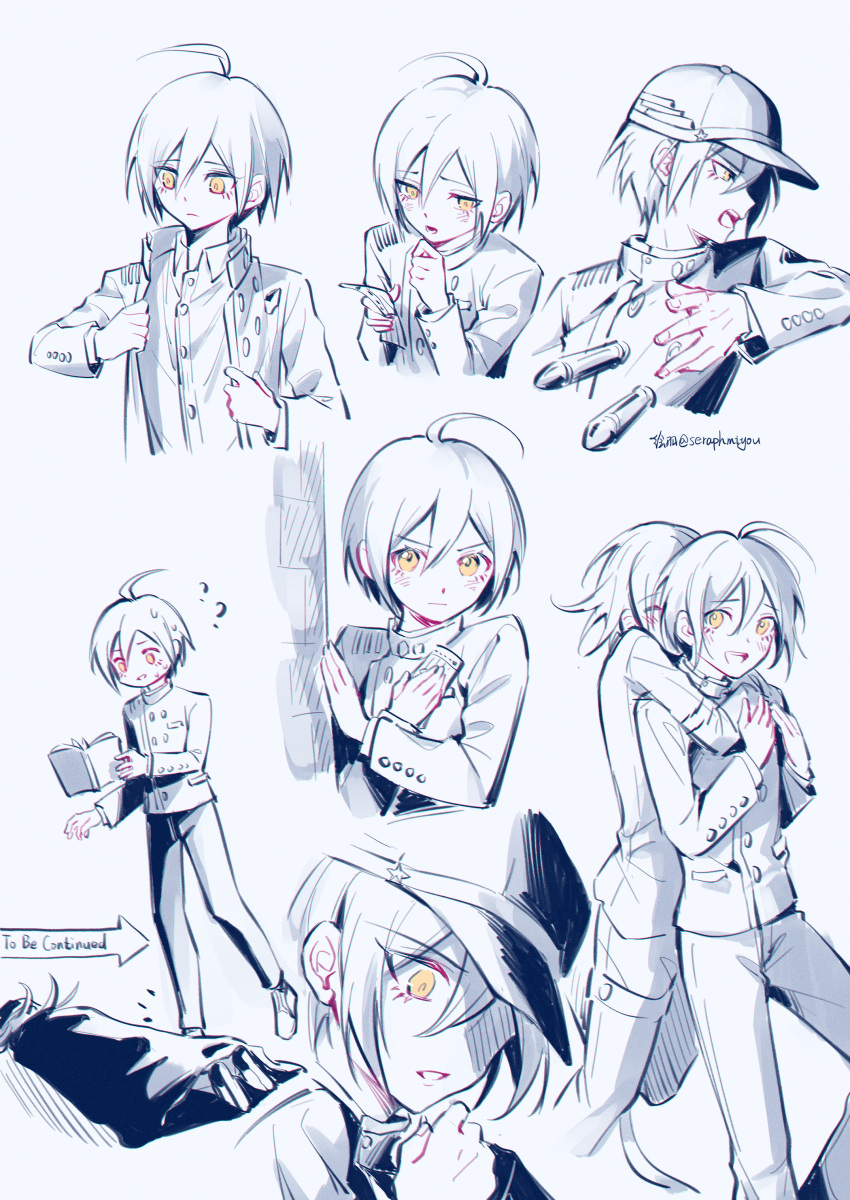 2boys :d absurdres ahoge artist_name bangs book bullet buttons cape commentary_request dangan_ronpa_(series) dangan_ronpa_v3:_killing_harmony dress_shirt dressing ewa_(seraphhuiyu) face flying_sweatdrops hat highres holding hug hug_from_behind long_sleeves male_focus multiple_boys multiple_views open_book open_mouth ouma_kokichi saihara_shuuichi shirt short_hair simple_background sketch smile spot_color teeth to_be_continued upper_body yellow_eyes