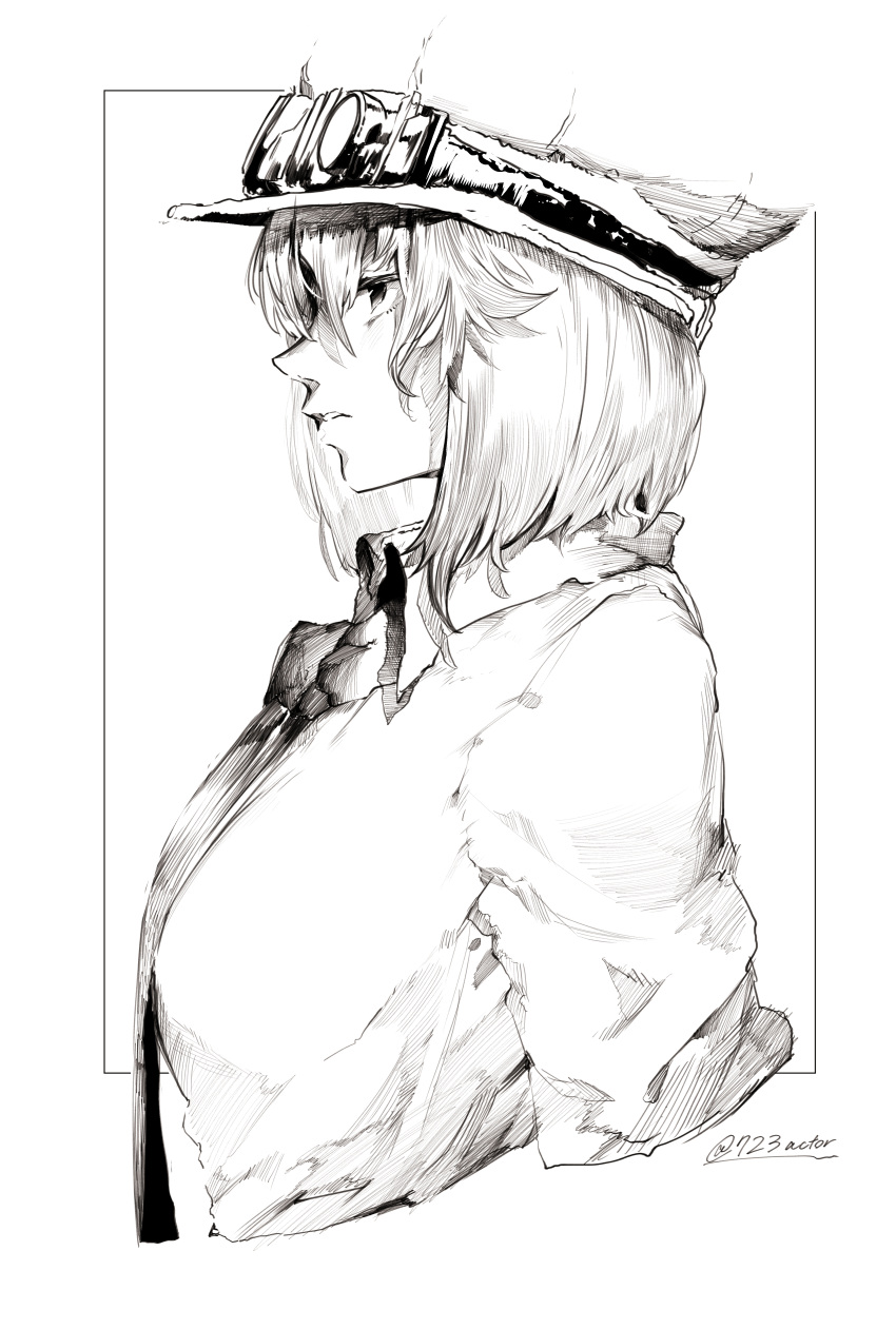 1girl absurdres border collared_shirt cropped_arms cropped_torso goggles goggles_on_headwear greyscale hat highres monochrome necktie niwarhythm original profile shirt solo twitter_username upper_body white_border wing_collar