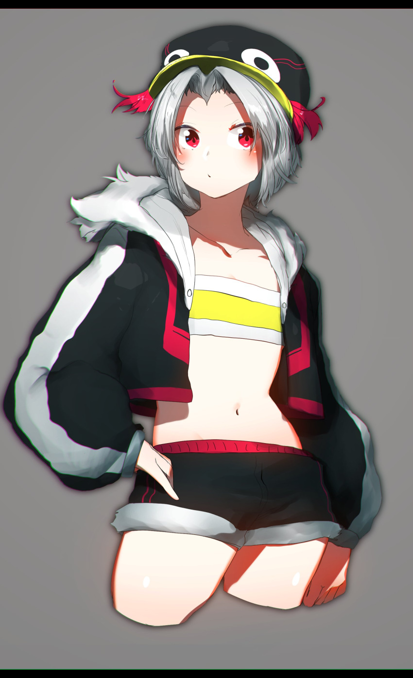 1girl absurdres black_headwear black_jacket black_shorts closed_mouth cowboy_shot cropped_legs flat_chest grey_background grey_hair hand_on_hip highres jacket looking_at_viewer navel niwamaru niwarhythm open_clothes open_jacket original red_eyes short_hair short_shorts shorts simple_background solo stomach