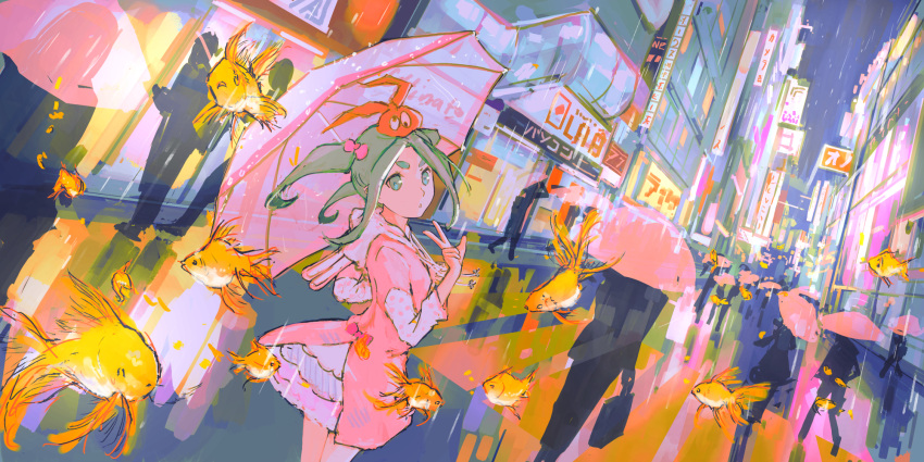 1girl :d animal_hood aqua_eyes aqua_hair bow breasts bunny_hood center_opening cityscape commentary crosswalk crowd drawstring dress expressionless fish flying_fish frilled_dress frills goldfish googly_eyes hair_bow hat highres hikimayu holding holding_umbrella hood hood_down hooded_dress long_hair looking_at_viewer looking_back medium_hair monogatari_(series) night night_sky ononoki_yotsugi open_mouth orange_headwear outdoors parted_lips pink_bow rain rhinth road scenery sign sky small_breasts smile solo_focus storefront street umbrella v