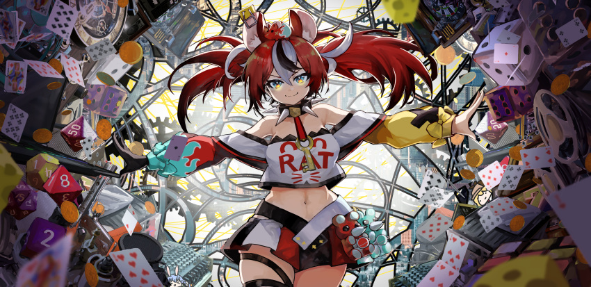1girl absurdres animal_ears cheese collar dice_hair_ornament food hair_ornament hakos_baelz highres holocouncil hololive hololive_english key_necklace mouse mouse_ears mouse_girl mouse_tail mousetrap rat solo spiked_collar spikes tail virtual_youtuber vyragami