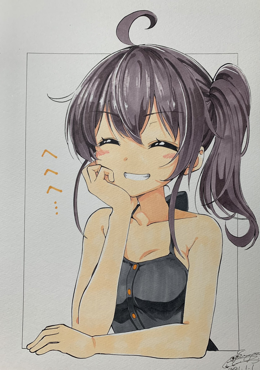 1girl ^_^ ahoge bangs bare_arms bare_shoulders black_camisole blush breasts brown_hair camisole closed_eyes collarbone cototiworld eyebrows_visible_through_hair grin hair_between_eyes halterneck hand_on_own_cheek hand_on_own_face highres hololive marker_(medium) natsuiro_matsuri short_hair side_ponytail smile spaghetti_strap traditional_media virtual_youtuber
