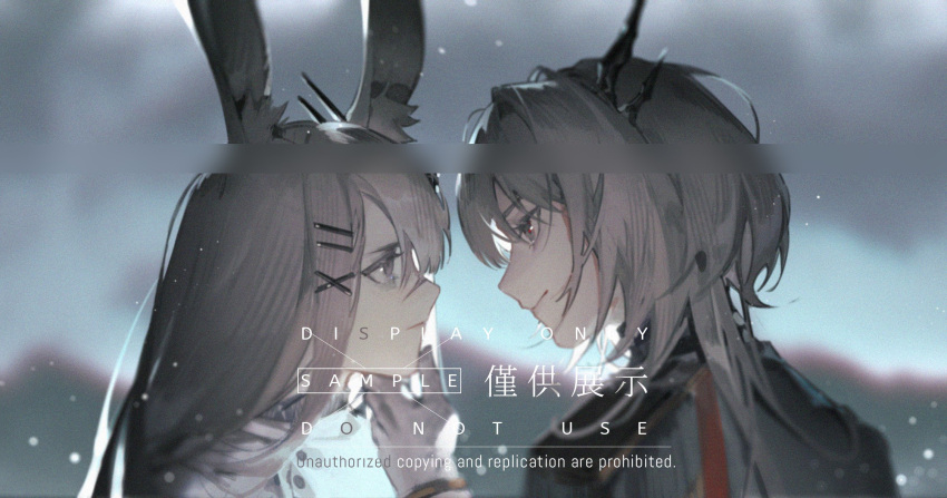 2girls animal_ears arknights black_jacket chinese_text commentary commission dragon_horns english_text eye_contact face-to-face frostnova_(arknights) gloves grey_eyes grey_hair hair_ornament hairclip hand_on_another's_chin highres horns jacket long_hair looking_at_another mixed-language_text multiple_girls portrait rabbit_ears sample scar scar_on_face scar_on_nose short_hair shuangbatian snow talulah_(arknights) watermark white_gloves white_jacket x_hair_ornament