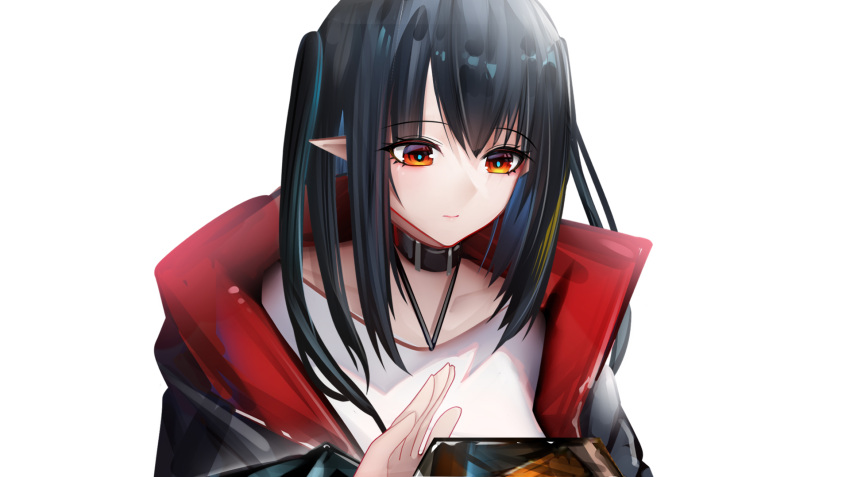 1girl arknights bangs binggong_asylum black_choker black_hair choker closure_(arknights) commentary_request eyebrows_visible_through_hair halterneck highres jacket long_hair long_sleeves open_clothes open_jacket orange_eyes pointy_ears shirt simple_background solo upper_body white_background white_shirt