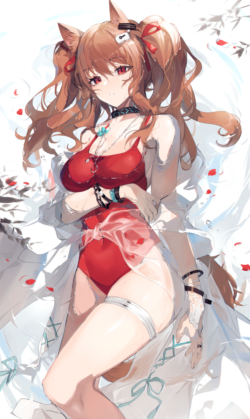 1girl absurdres angelina_(arknights) animal_ears arknights arm_under_breasts bracelet breast_rest breasts brown_hair choker collar fox_ears fox_girl fox_tail hair_ornament hair_ribbon hairpin highres jewelry medium_breasts meng_ziya parted_lips red_eyes red_swimsuit ribbon ring see-through see-through_shirt solo swimsuit tail thigh_strap thighs white_background