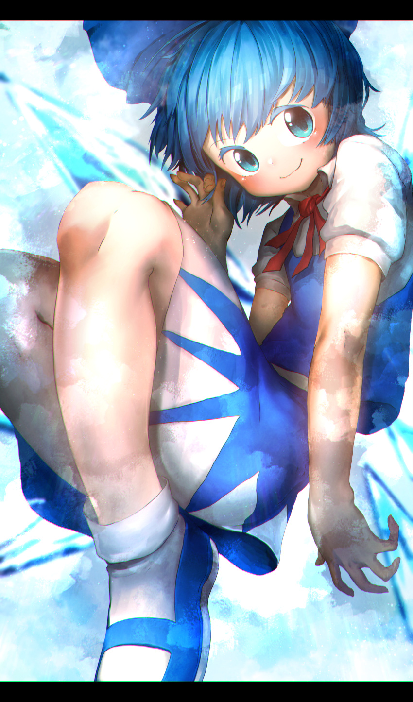 1girl absurdres blue_bow blue_eyes blue_footwear blue_hair blue_skirt blue_vest bow cirno closed_mouth fingernails hair_bow hand_up highres ice looking_at_viewer medium_hair neck_ribbon niwarhythm puffy_short_sleeves puffy_sleeves red_neckwear red_ribbon ribbon shirt shoes short_sleeves skirt smile socks solo touhou vest white_legwear white_shirt